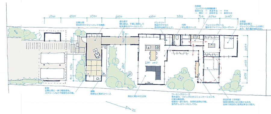 3つの中庭を持つ平屋建ての家間取り図